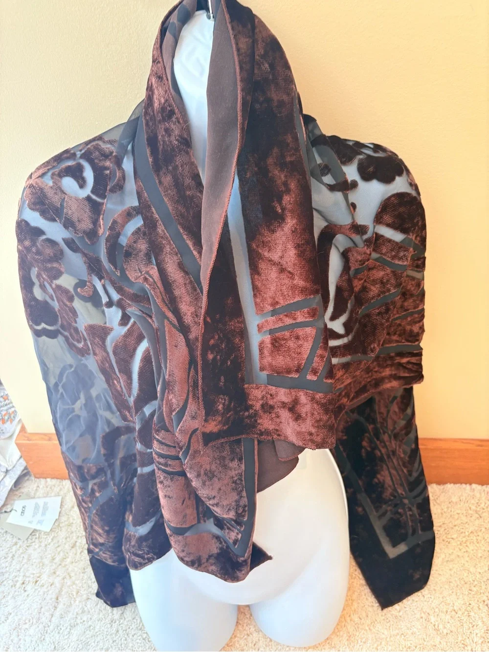 Vintage Brown Floral Velvet Burnout Print Scarf 42”